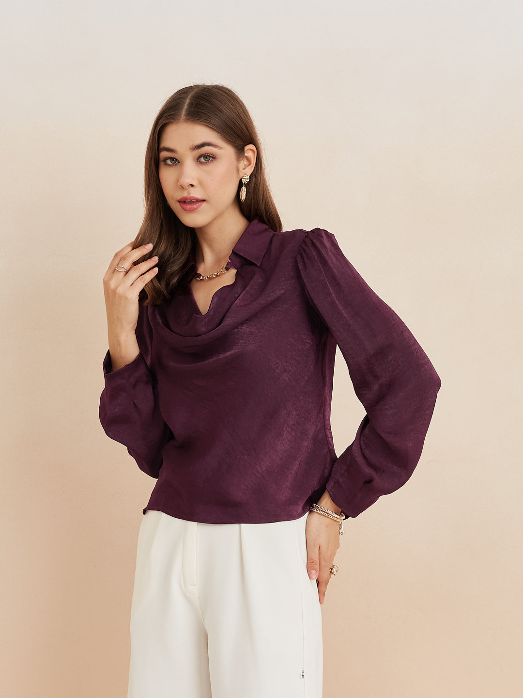 Latin Quarters Women'S Wine Cowl Neck Full Sleeves Solid Casual Top