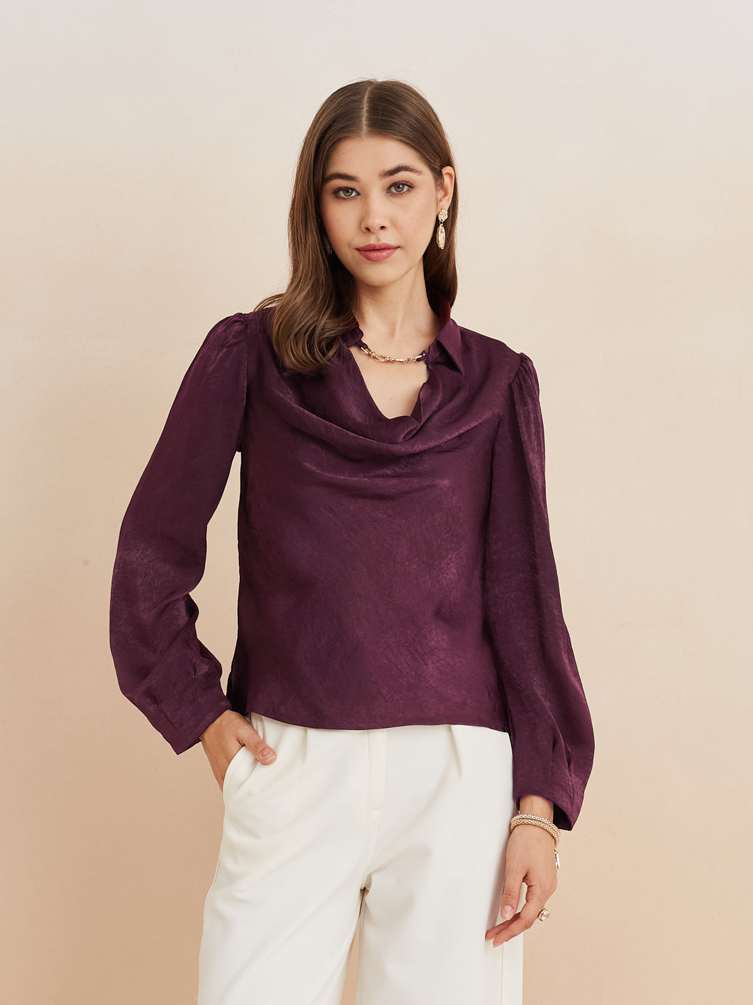 Latin Quarters Women'S Wine Cowl Neck Full Sleeves Solid Casual Top