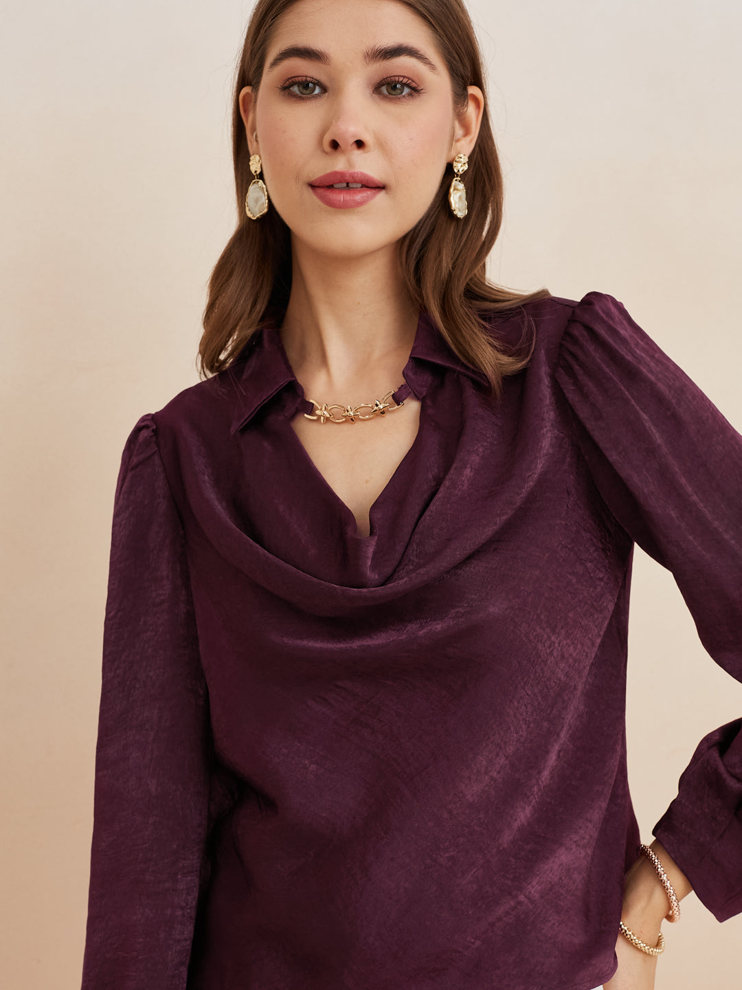 Latin Quarters Women'S Wine Cowl Neck Full Sleeves Solid Casual Top