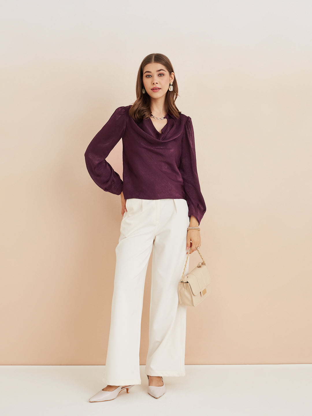 Latin Quarters Women'S Wine Cowl Neck Full Sleeves Solid Casual Top