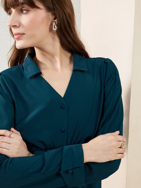Latin Quarters Women's Teal Full Sleeves Collared Solid Casual Regular Shirt