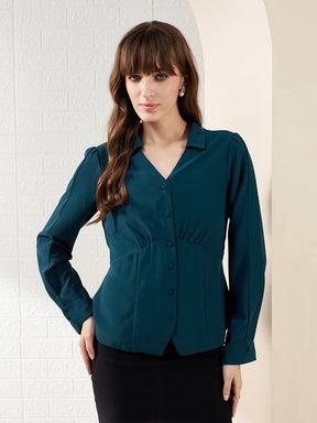 Latin Quarters Women's Teal Full Sleeves Collared Solid Casual Regular Shirt