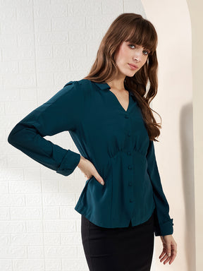 Latin Quarters Women's Teal Full Sleeves Collared Solid Casual Regular Shirt