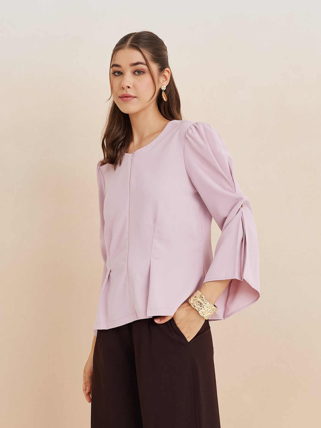 Latin Quarters Women'S Pink Round Neck 3/4Th Sleeves Solid Casual Top