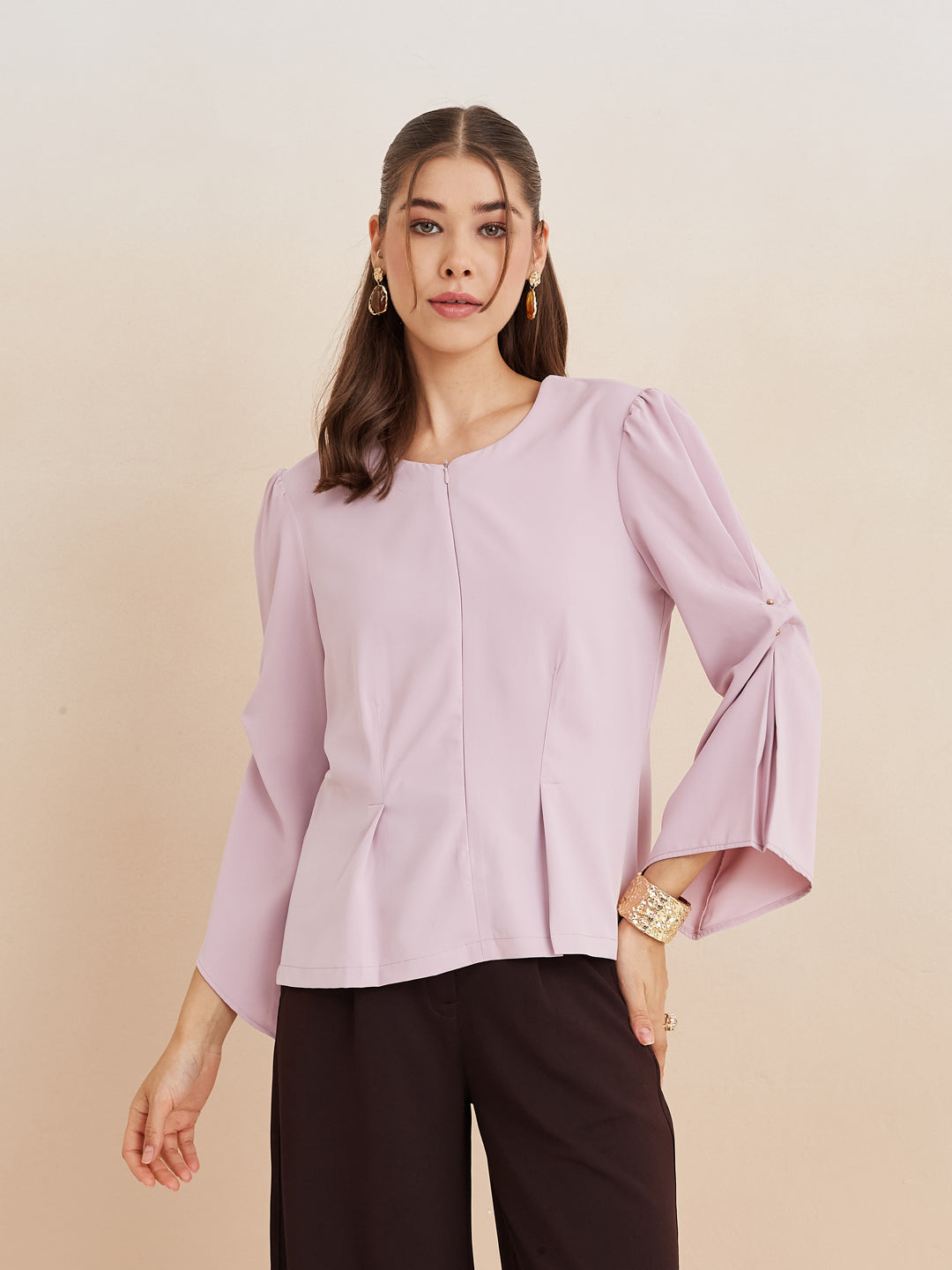 Latin Quarters Women'S Pink Round Neck 3/4Th Sleeves Solid Casual Top