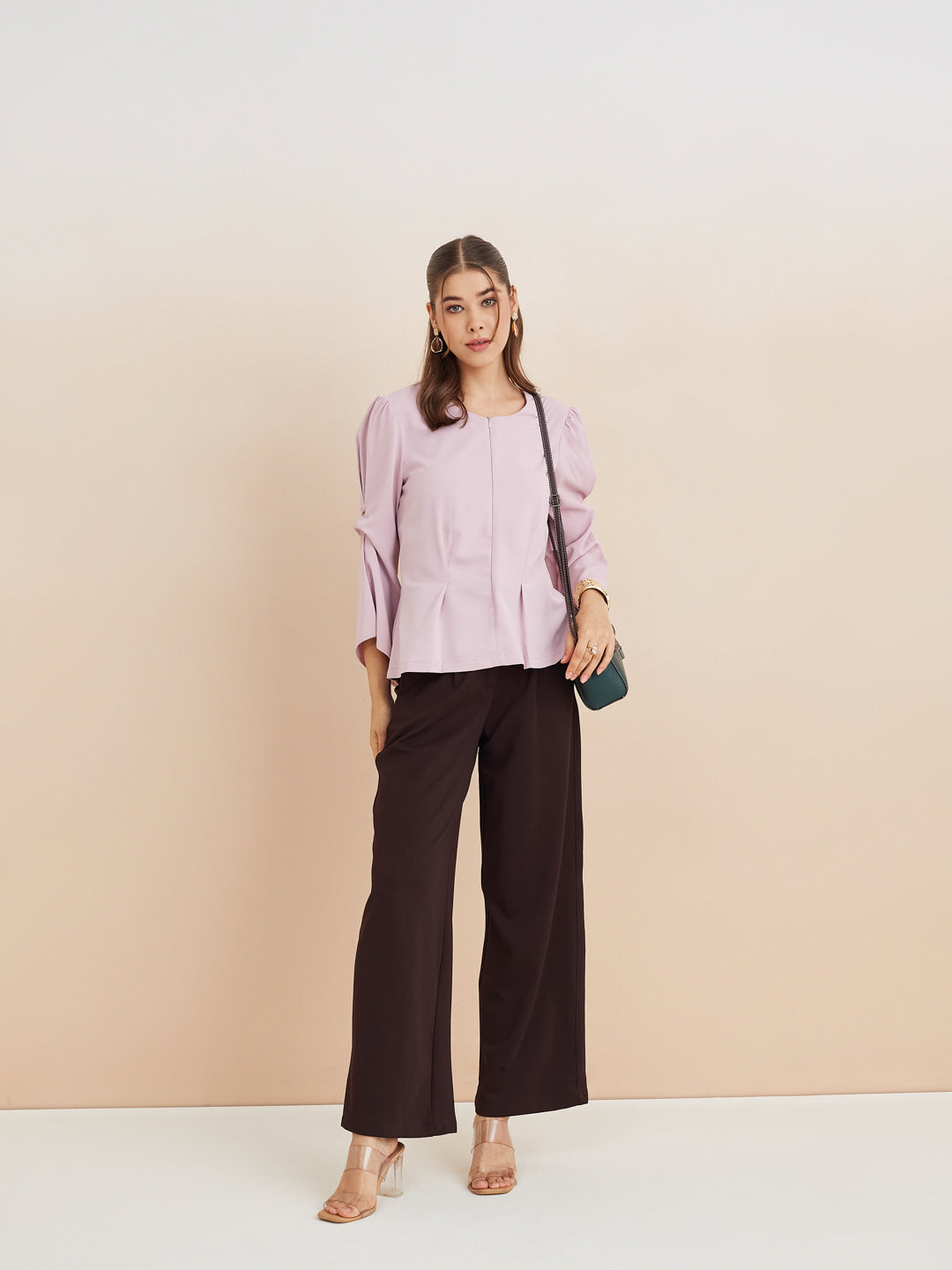 Latin Quarters Women'S Pink Round Neck 3/4Th Sleeves Solid Casual Top