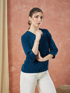 Latin Quarters Women's Teal 3/4Th Sleeves Solid V-Neck Formal Top