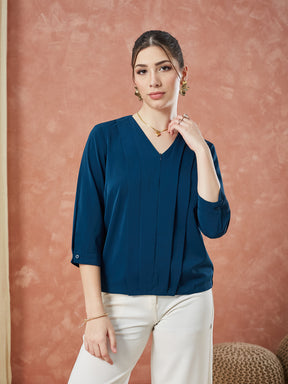 Latin Quarters Women's Teal 3/4Th Sleeves Solid V-Neck Formal Top
