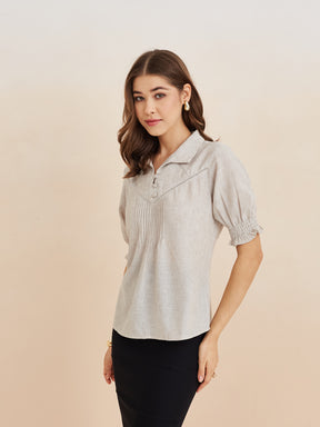 Latin Quarters Women'S Grey Collar Neck Half Sleeves Solid Casual Top