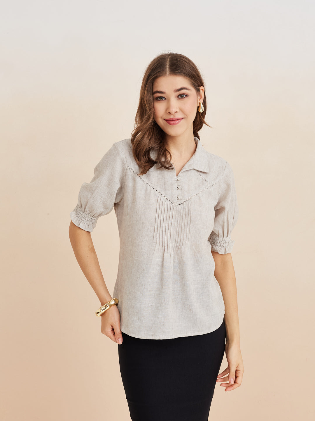 Latin Quarters Women'S Grey Collar Neck Half Sleeves Solid Casual Top