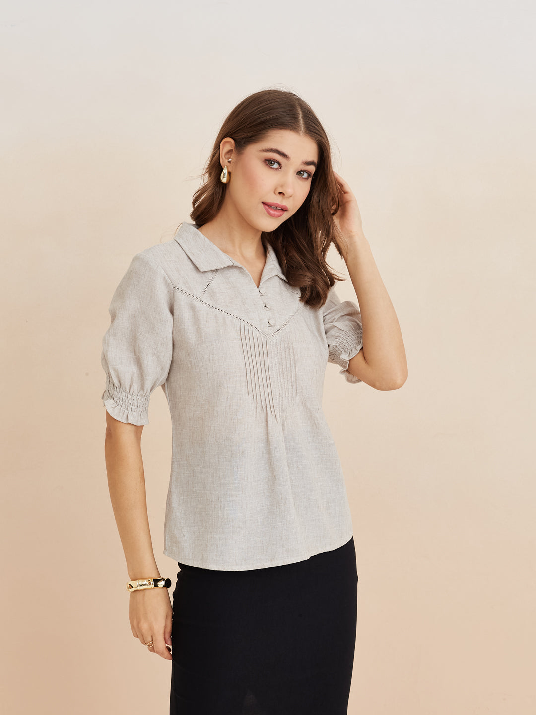 Latin Quarters Women'S Grey Collar Neck Half Sleeves Solid Casual Top