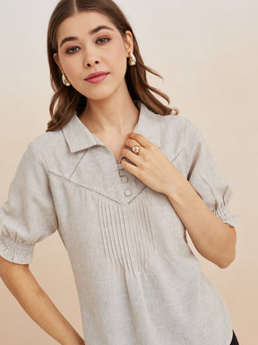 Latin Quarters Women'S Grey Collar Neck Half Sleeves Solid Casual Top