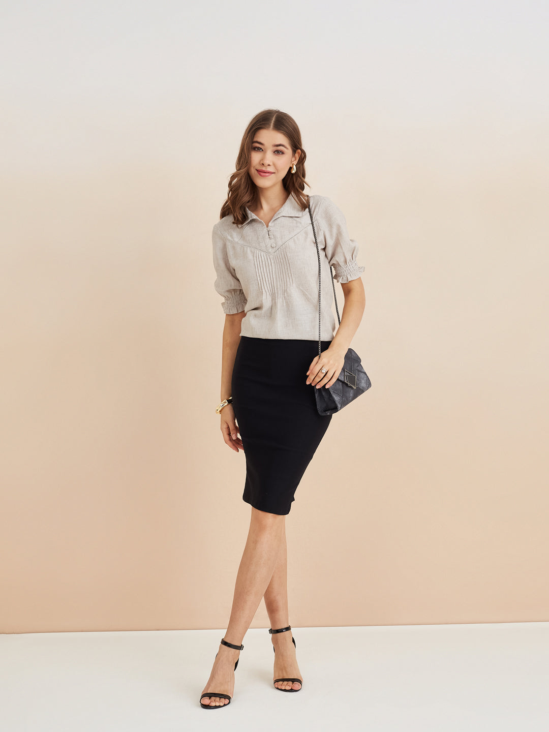 Latin Quarters Women'S Grey Collar Neck Half Sleeves Solid Casual Top