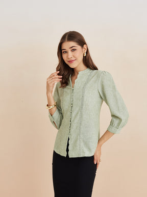 Latin Quarters Women'S Green Mandarin Neck 3/4Th Sleeves Solid Casual Top