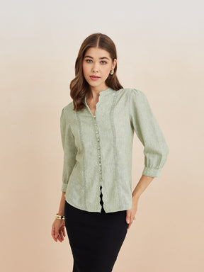 Latin Quarters Women'S Green Mandarin Neck 3/4Th Sleeves Solid Casual Top