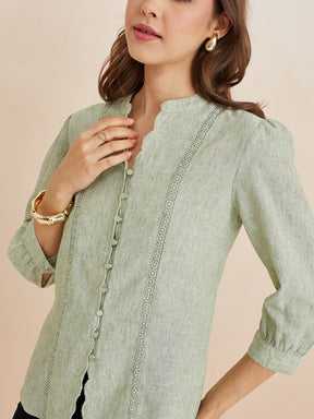 Latin Quarters Women'S Green Mandarin Neck 3/4Th Sleeves Solid Casual Top