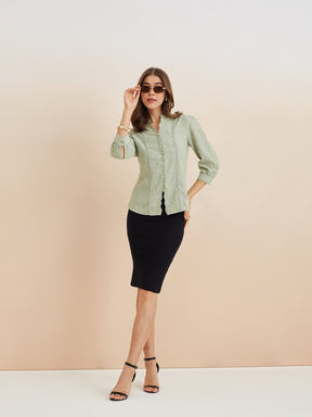 Latin Quarters Women'S Green Mandarin Neck 3/4Th Sleeves Solid Casual Top