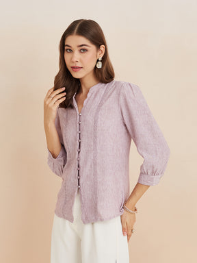 Latin Quarters Women'S Pink Mandarin Neck 3/4Th Sleeves Solid Casual Top