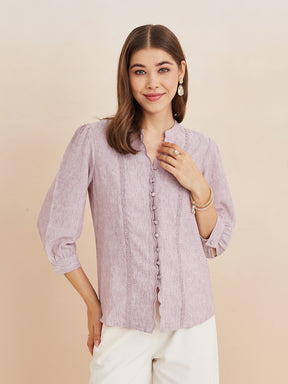 Latin Quarters Women'S Pink Mandarin Neck 3/4Th Sleeves Solid Casual Top