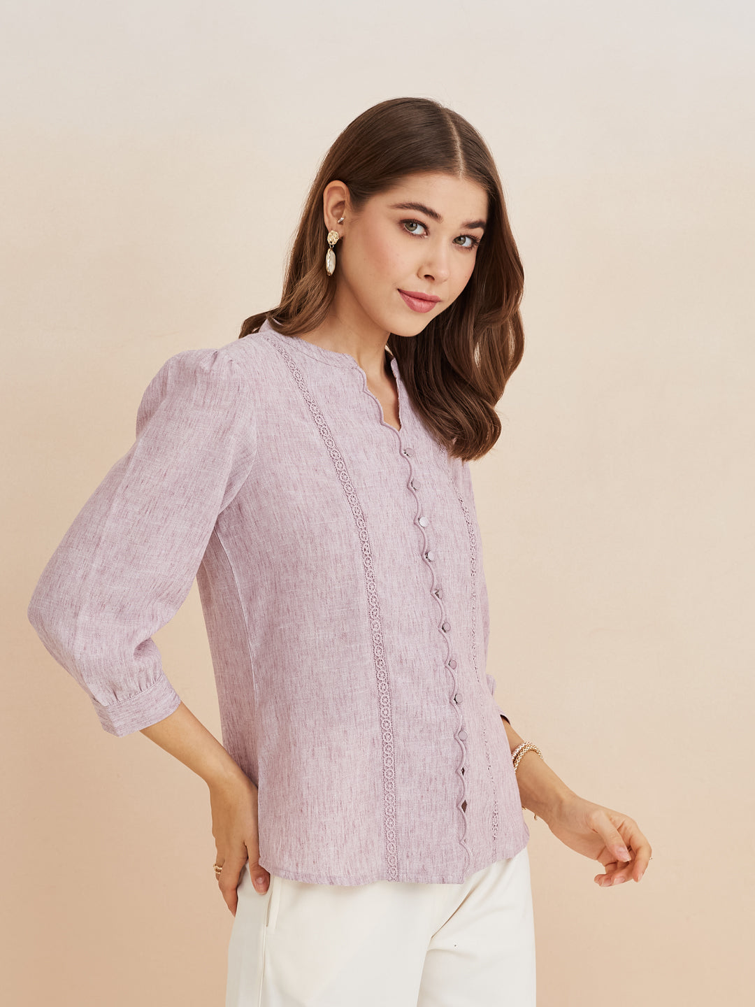 Latin Quarters Women'S Pink Mandarin Neck 3/4Th Sleeves Solid Casual Top