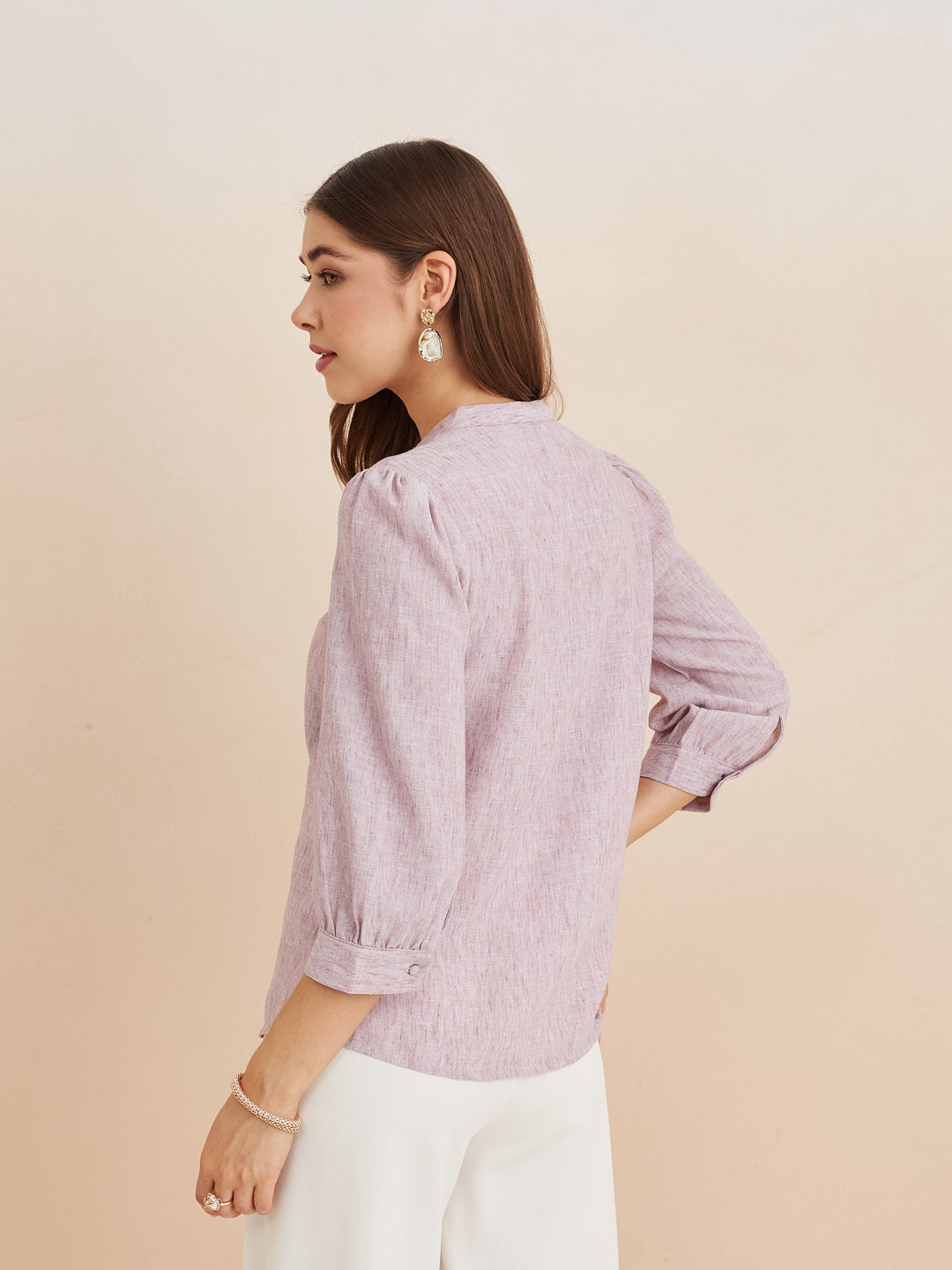 Latin Quarters Women'S Pink Mandarin Neck 3/4Th Sleeves Solid Casual Top