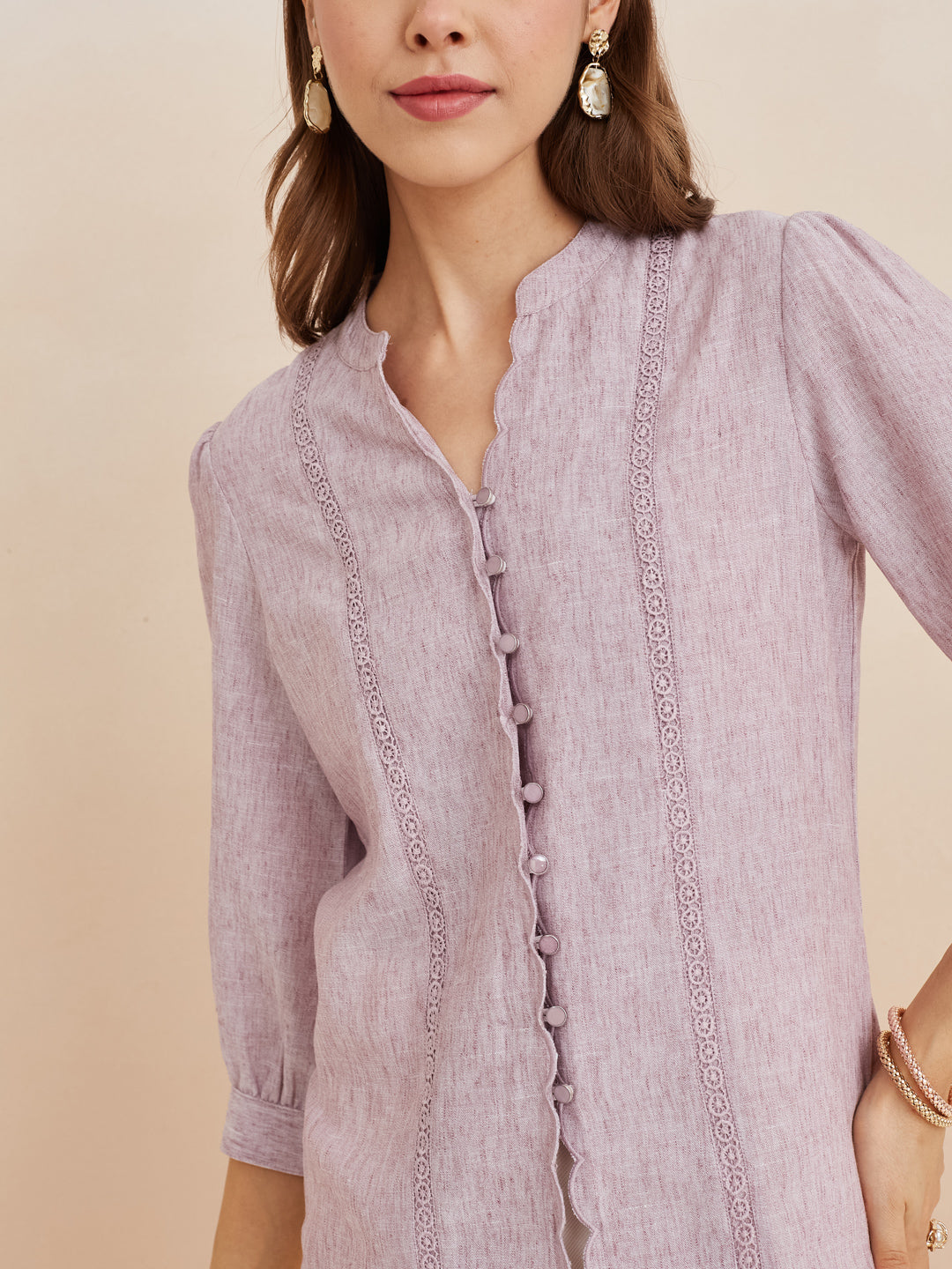 Latin Quarters Women'S Pink Mandarin Neck 3/4Th Sleeves Solid Casual Top