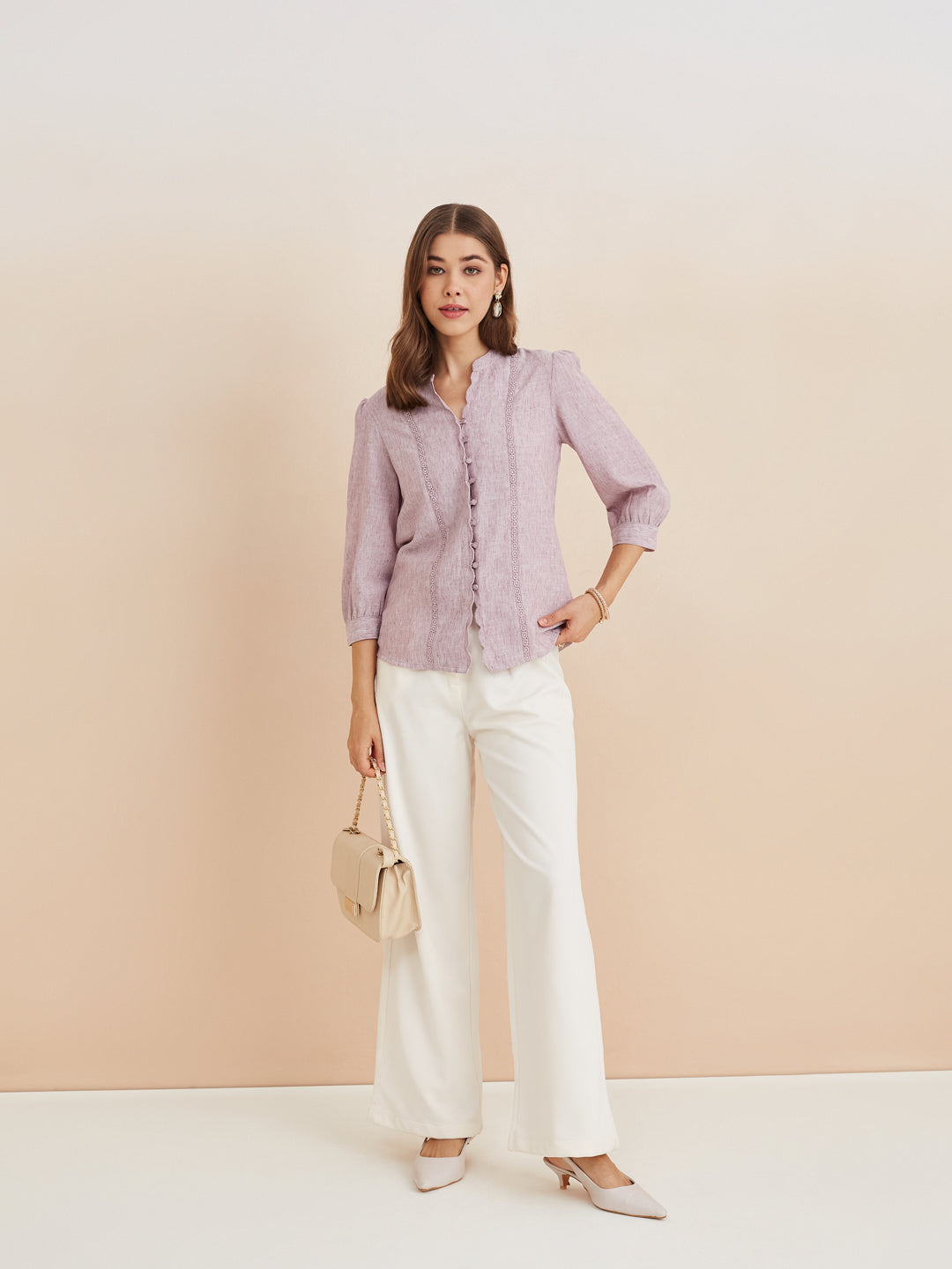 Latin Quarters Women'S Pink Mandarin Neck 3/4Th Sleeves Solid Casual Top