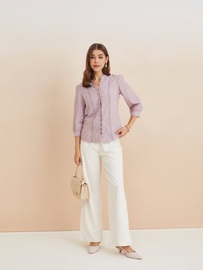 Latin Quarters Women'S Pink Mandarin Neck 3/4Th Sleeves Solid Casual Top