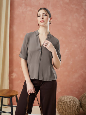 Latin Quarters Women's Brown Half Sleeves Solid V-Neck Formal Top