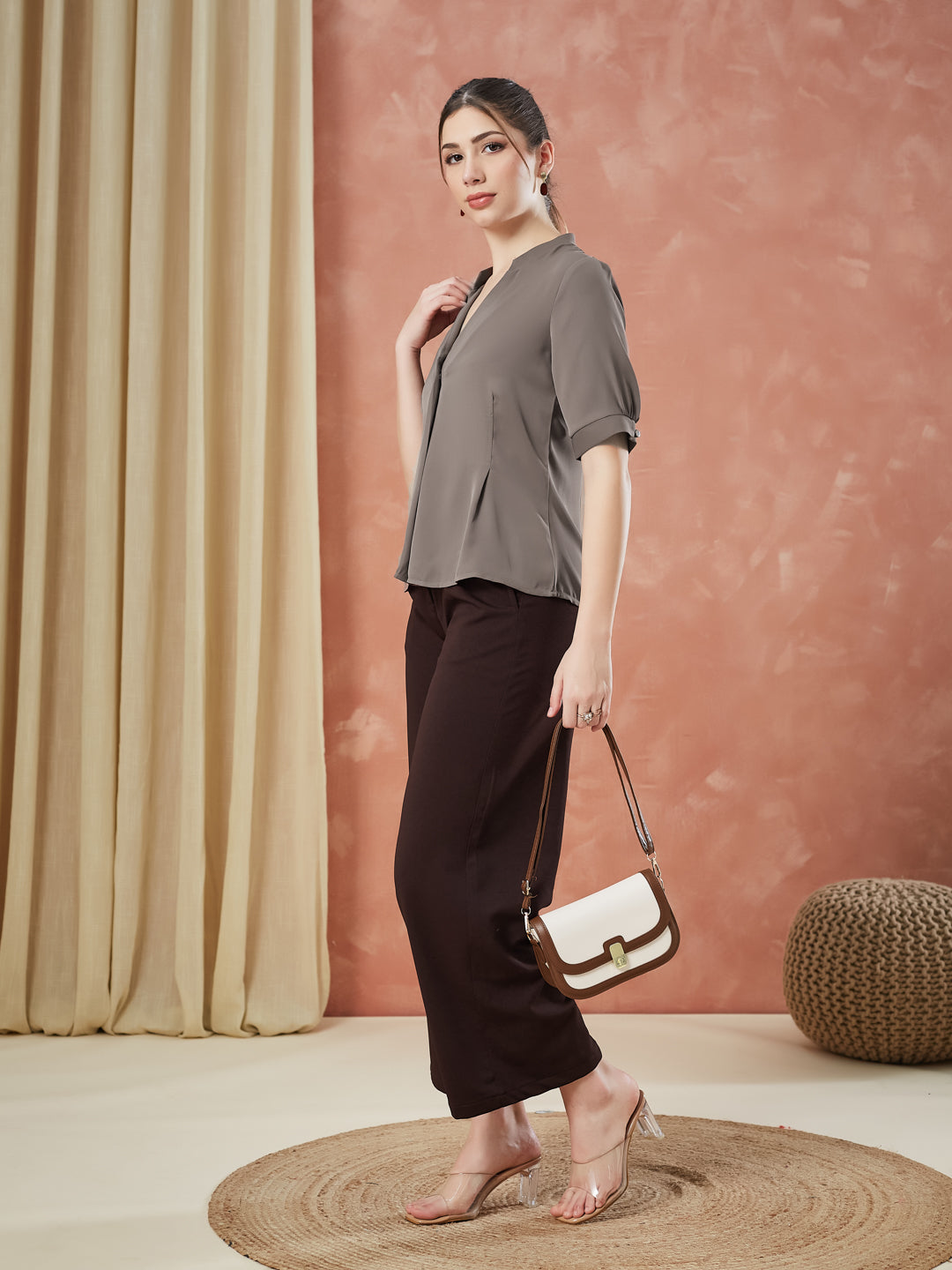 Latin Quarters Women's Brown Half Sleeves Solid V-Neck Formal Top