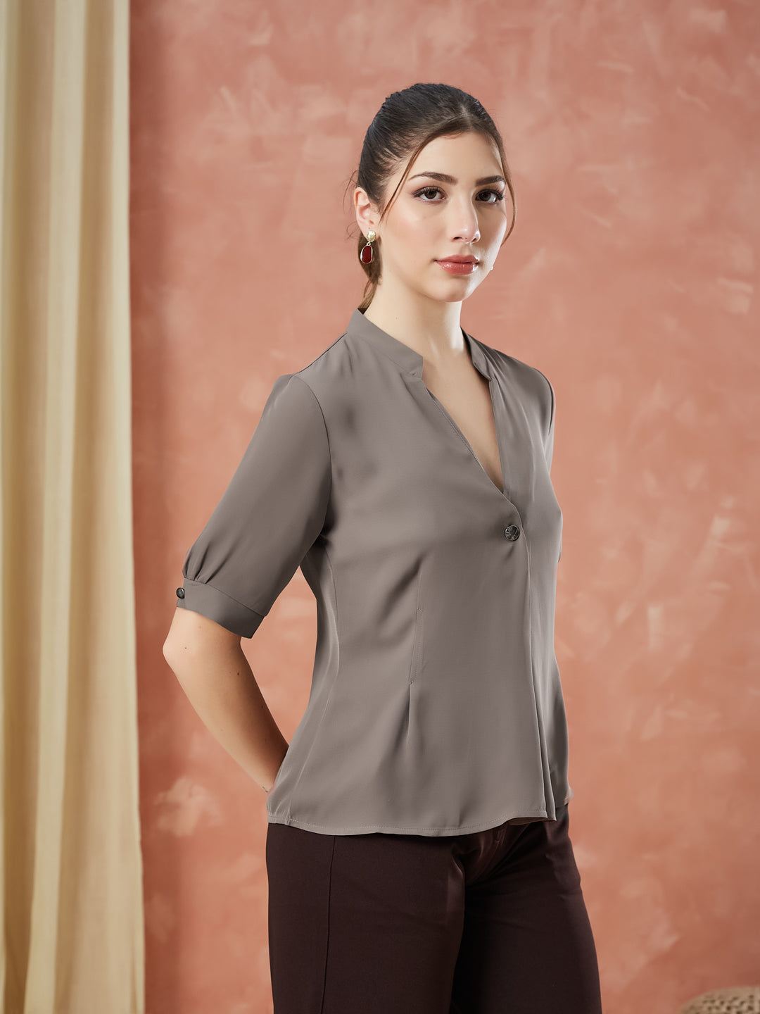 Latin Quarters Women's Brown Half Sleeves Solid V-Neck Formal Top
