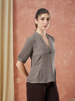 Latin Quarters Women's Brown Half Sleeves Solid V-Neck Formal Top