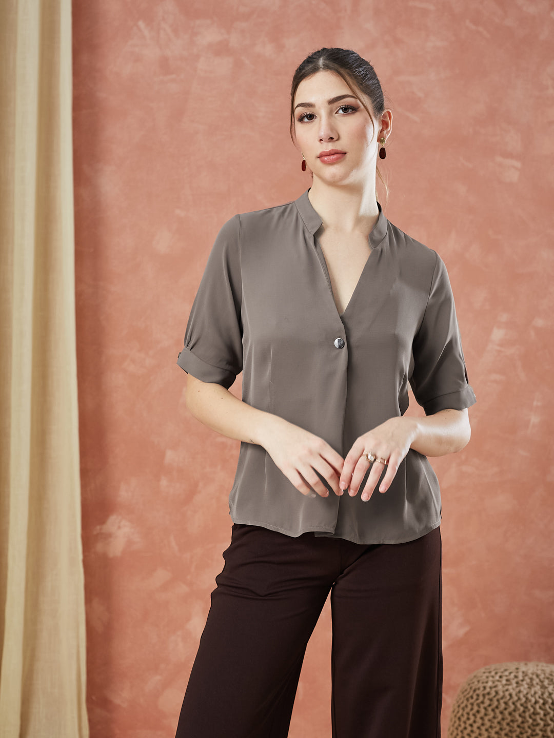 Latin Quarters Women's Brown Half Sleeves Solid V-Neck Formal Top