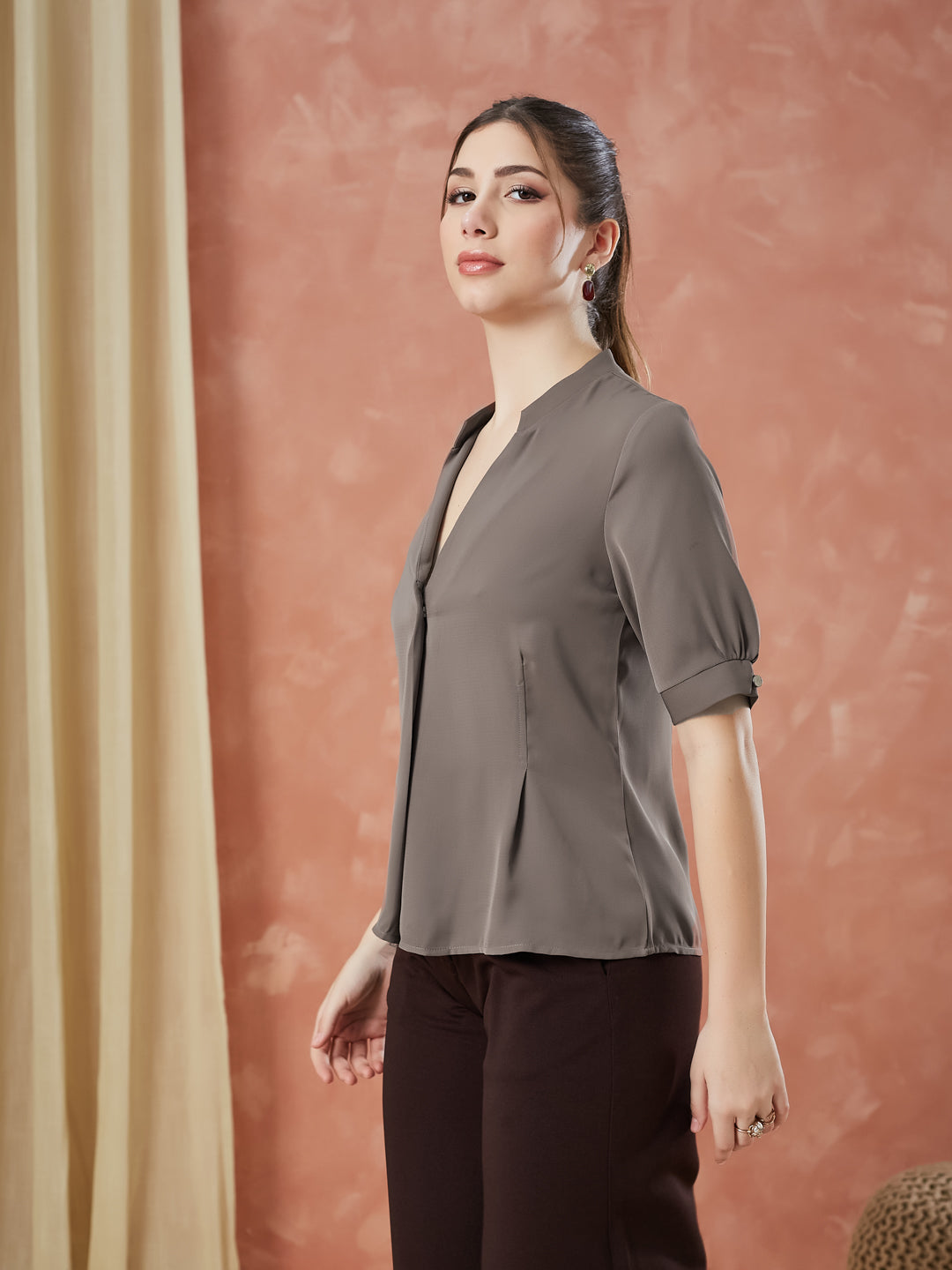 Latin Quarters Women's Brown Half Sleeves Solid V-Neck Formal Top
