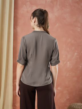 Latin Quarters Women's Brown Half Sleeves Solid V-Neck Formal Top