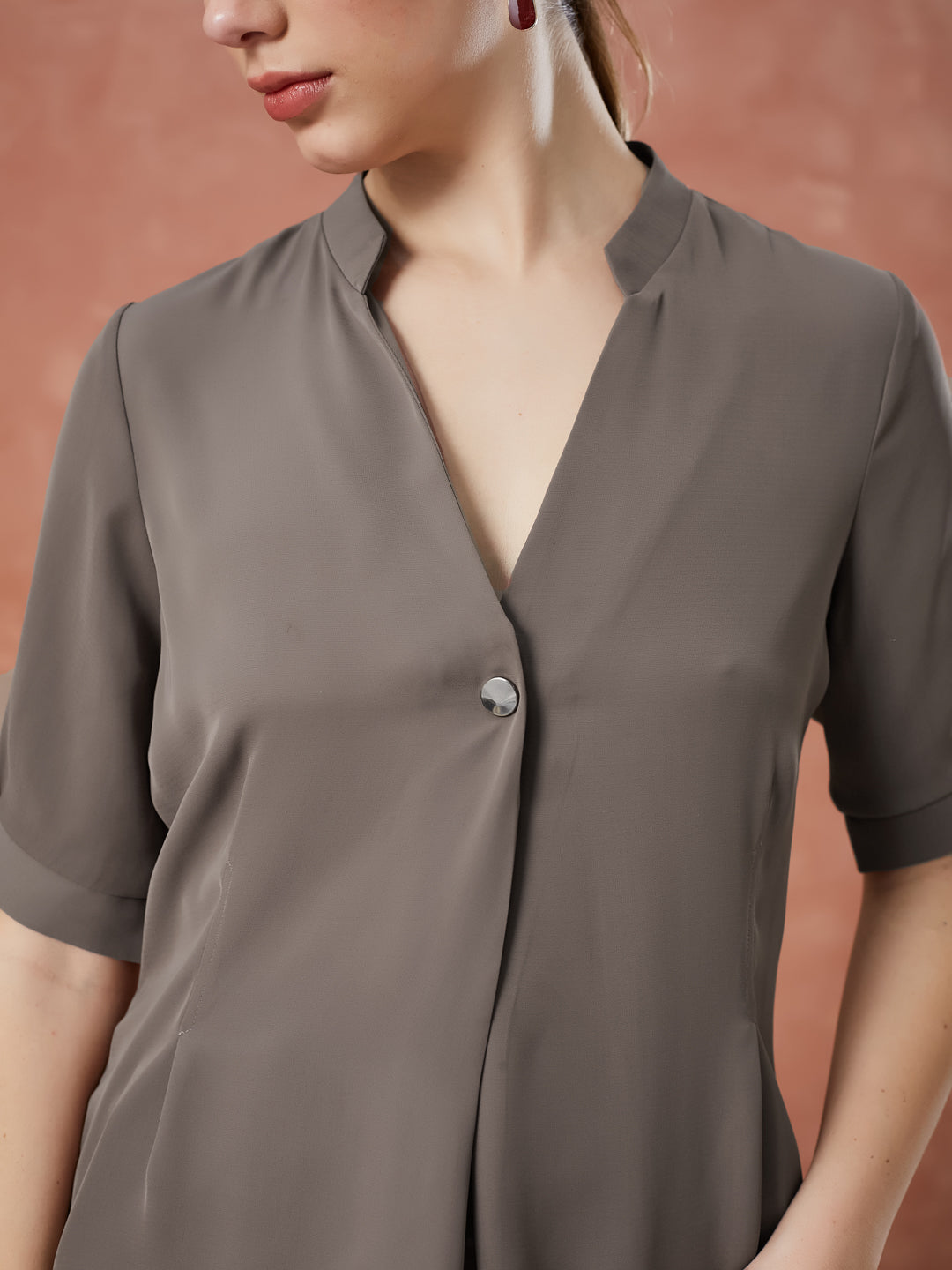 Latin Quarters Women's Brown Half Sleeves Solid V-Neck Formal Top