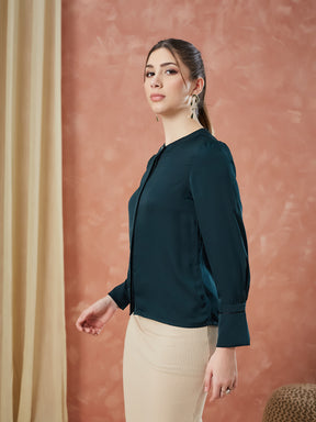 Latin Quarters Women's Green Full Sleeves Solid Mandarin Neck Formal Top