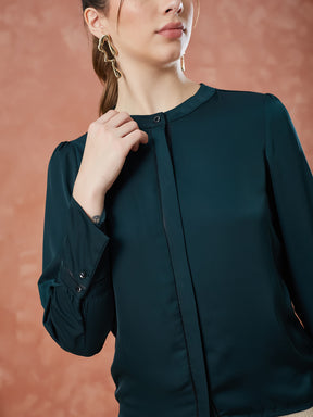 Latin Quarters Women's Green Full Sleeves Solid Mandarin Neck Formal Top