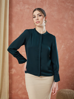 Latin Quarters Women's Green Full Sleeves Solid Mandarin Neck Formal Top