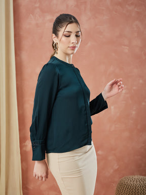 Latin Quarters Women's Green Full Sleeves Solid Mandarin Neck Formal Top
