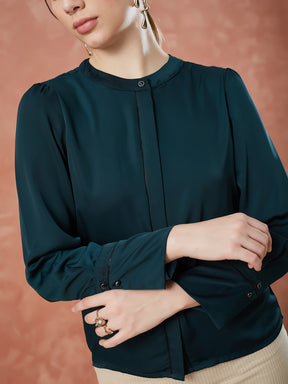 Latin Quarters Women's Green Full Sleeves Solid Mandarin Neck Formal Top