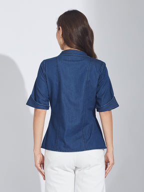 Latin Quarters Women's Blue Half Sleeves Solid Collar Neck Casual Top