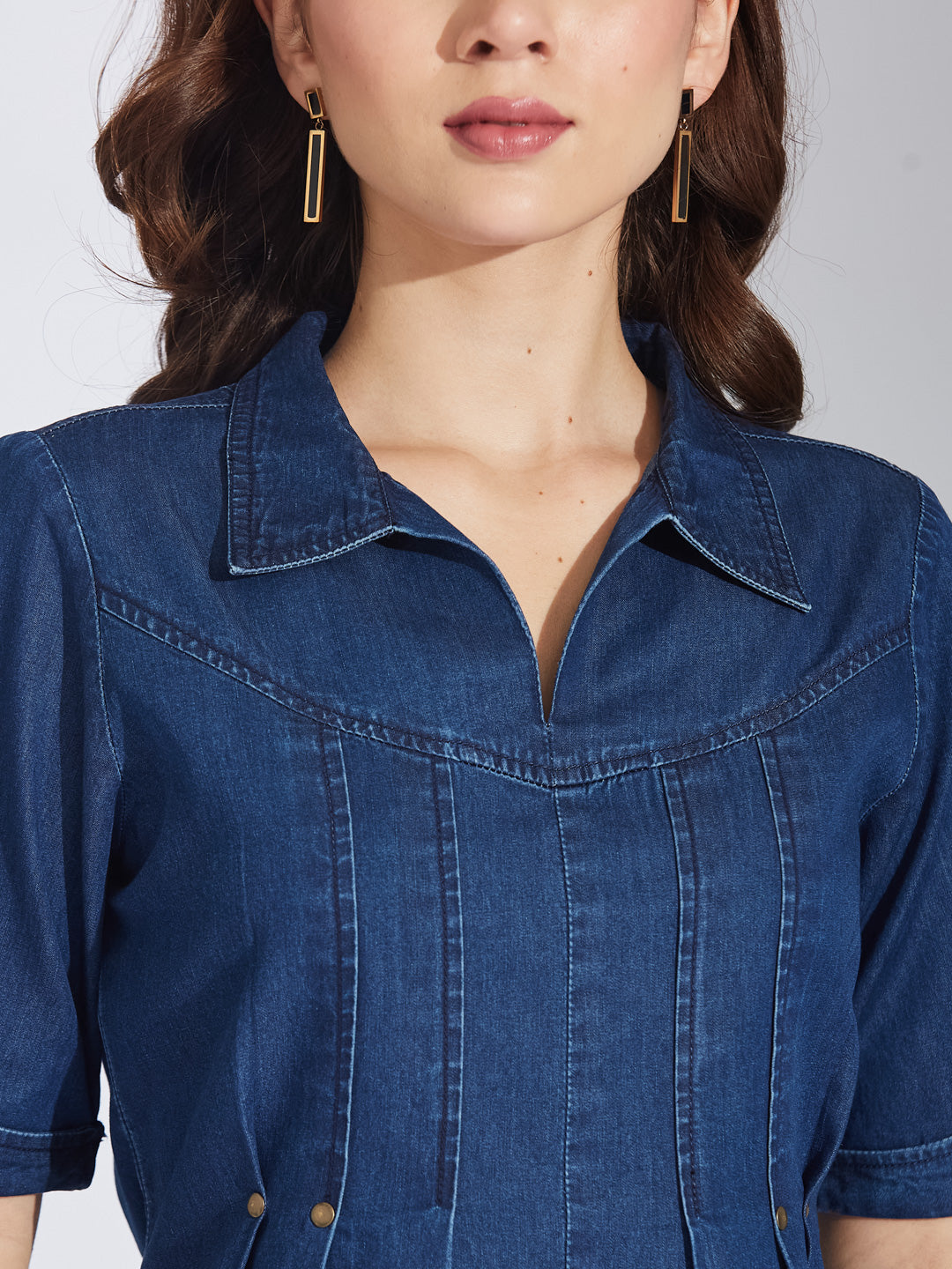 Latin Quarters Women's Blue Half Sleeves Solid Collar Neck Casual Top