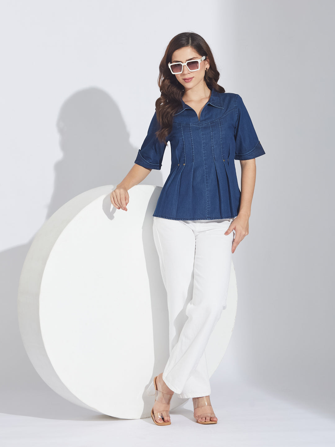 Latin Quarters Women's Blue Half Sleeves Solid Collar Neck Casual Top