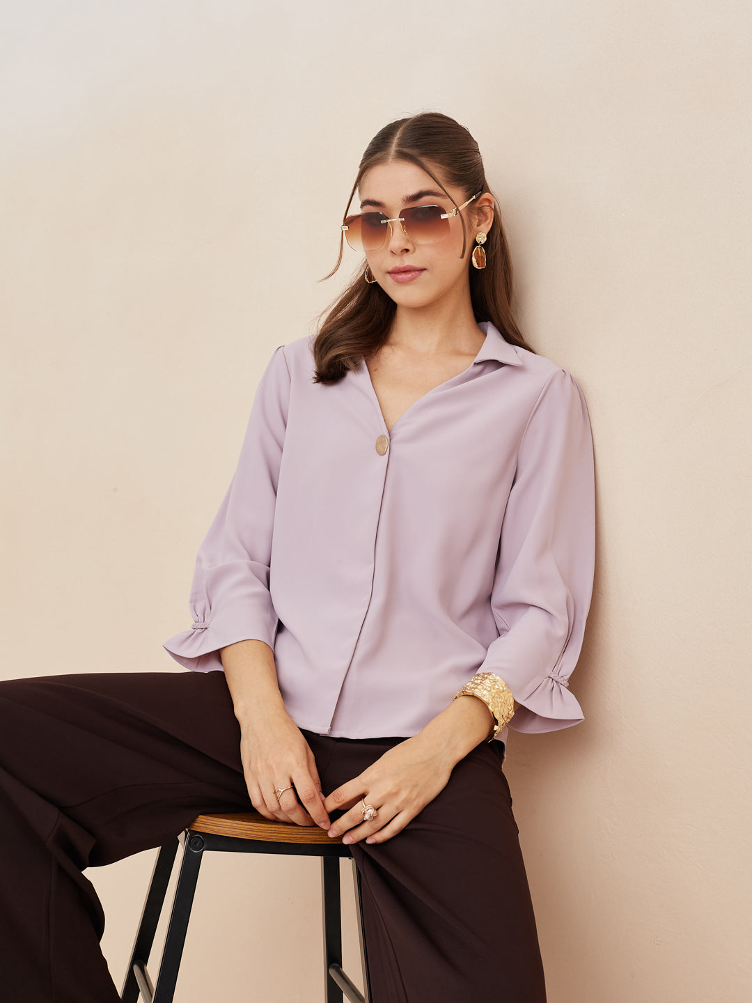 Latin Quarters Women'S Levender Collar Neck 3/4Th Sleeves Solid Casual Top