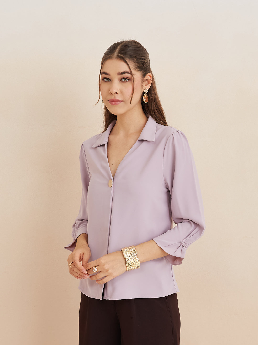 Latin Quarters Women'S Levender Collar Neck 3/4Th Sleeves Solid Casual Top