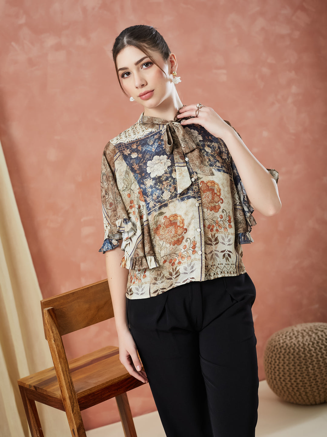 Latin Quarters Women's Beige Half Sleeves Printed Tie-Up Neck Casual Top