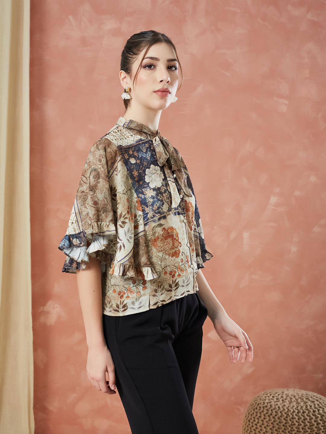 Latin Quarters Women's Beige Half Sleeves Printed Tie-Up Neck Casual Top