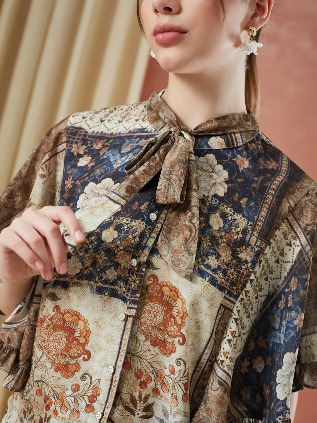 Latin Quarters Women's Beige Half Sleeves Printed Tie-Up Neck Casual Top