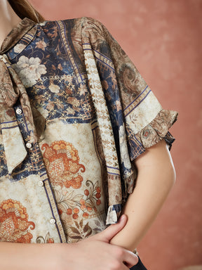 Latin Quarters Women's Beige Half Sleeves Printed Tie-Up Neck Casual Top